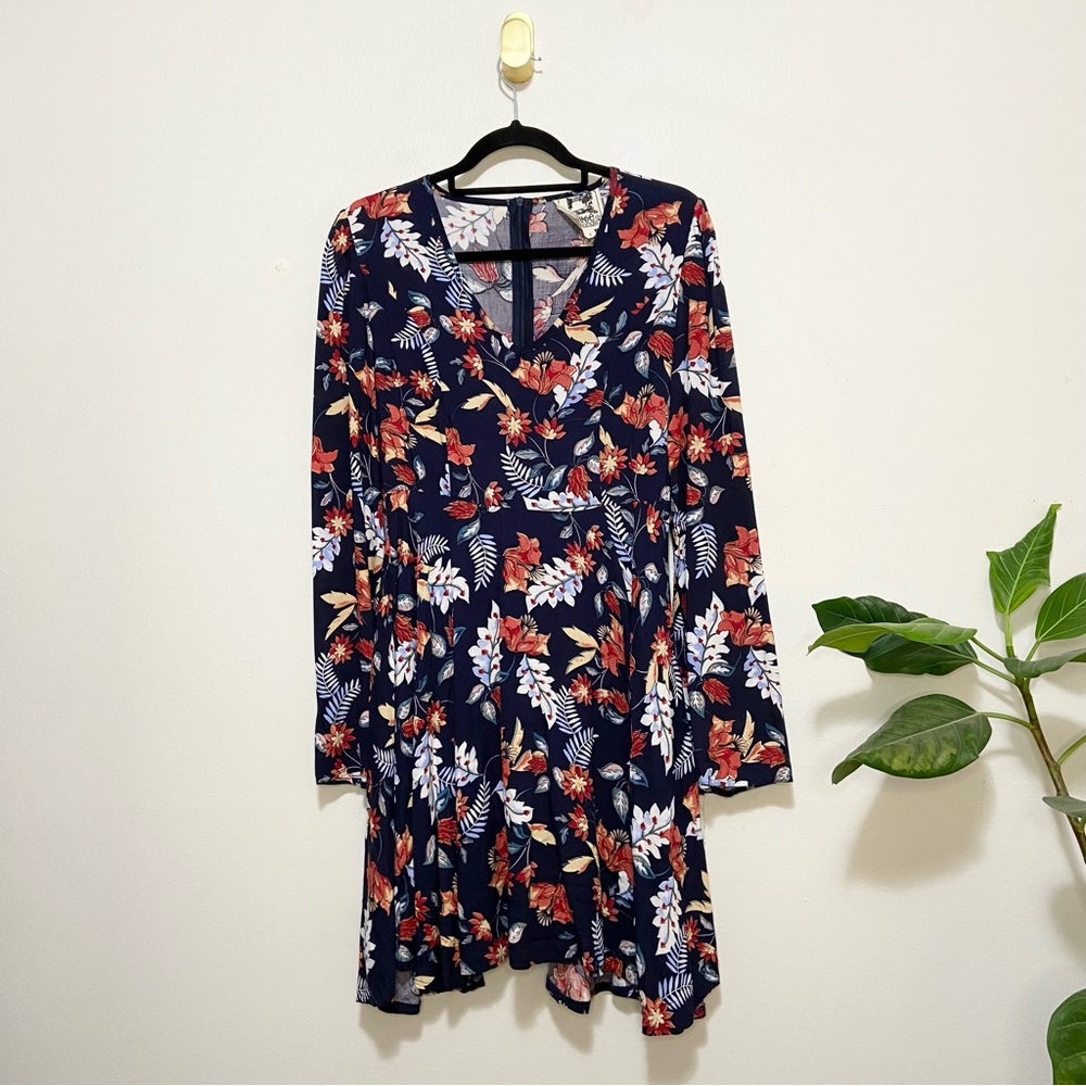 Jaase Blue Floral V-Neck Long Sleeve Fit and Flare Mini Dress